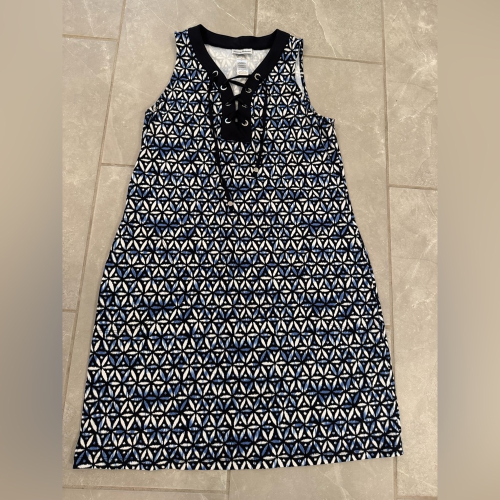 Tommy Bahama Blue and White Geometric Lace-Up Top Dress/Swim Coverup-Medium